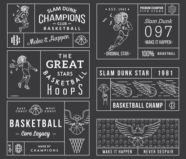 Баскетбольні етикетки білі на чорному — стоковий вектор