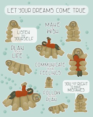 Üzerinde insan dili olan kahverengi tardigradlar, su ayısından farklı cümleler. Hayallerinin gerçekleşmesine izin ver, hata yapmana izin ver, dilek tut, plan yap, etiketler için hayallerinin peşinden git.