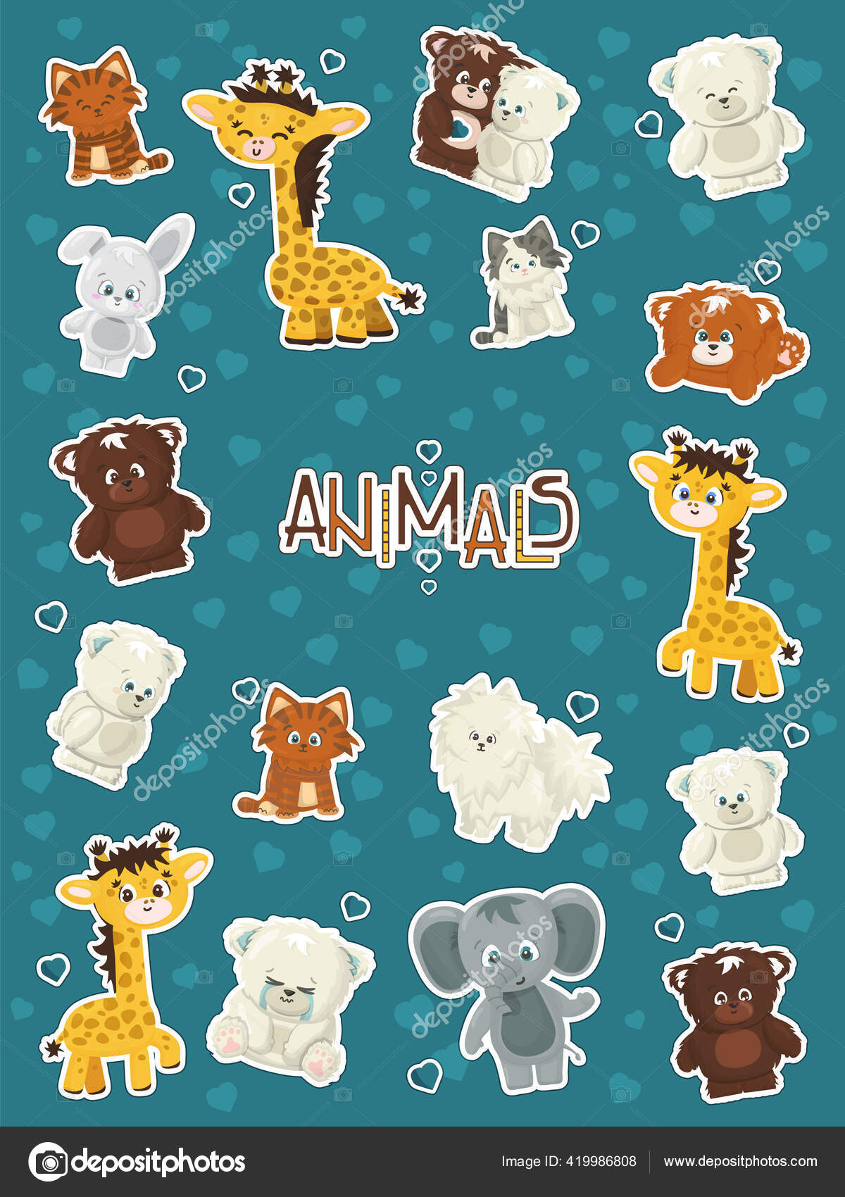 Set Hewan Jerapah Gajah Kelinci Beruang Beruang Grizzly Beruang Kutub Stok Vektor Essskina 419986808