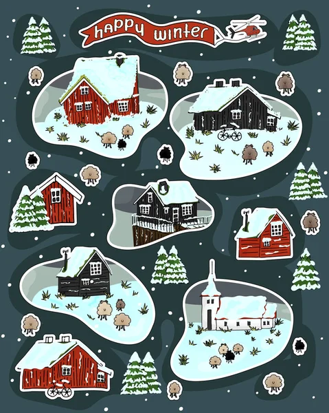 Karlı Ahşap Skandinav Evleri Çatısı Çimen Kaplı Noel Ağaçları Koyunlar — Stok Vektör