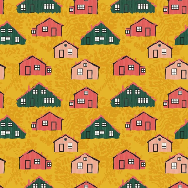 Желтый Розовый Зеленый Скандинавские Деревянные Кривые Дома Бесшовный Повторяющийся Узор — стоковый вектор