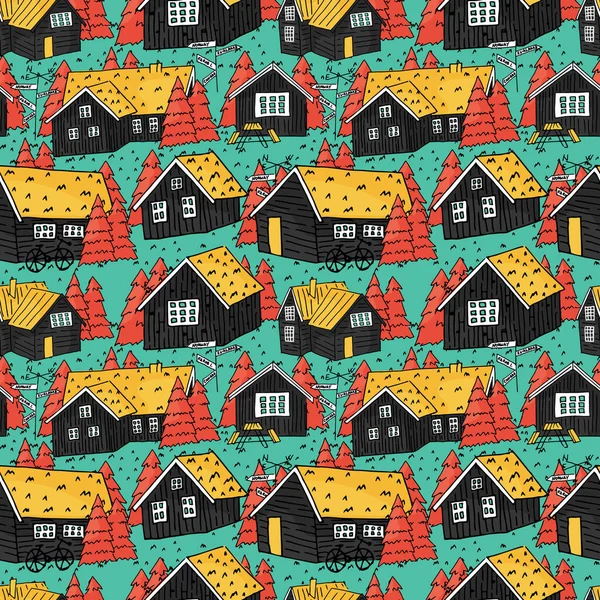 加拿大和斯堪的纳维亚黑色木制房屋 屋顶上有草 窗户洁白 圣诞树上有粉色的矢车菊 手工淹没无缝图案 — 图库矢量图片