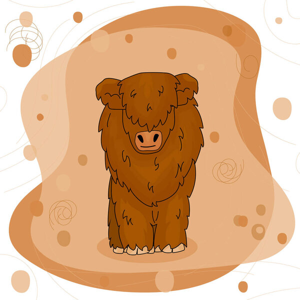 Симпатичная высокая корова Быка стоит на земле на розовом и коричневом фоне. Изолированный персонаж