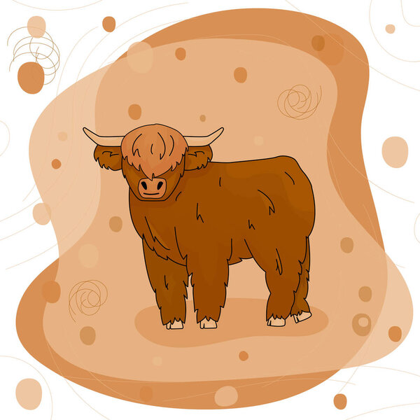 Симпатичная высокая корова Быка стоит на земле на розовом и коричневом фоне. Изолированный персонаж