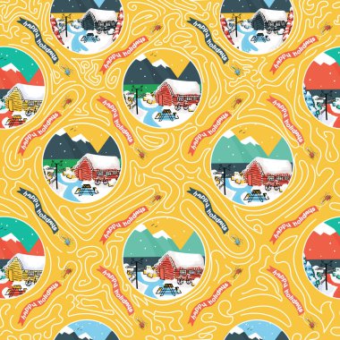 Çatısında çim olan karlı ahşap İskandinav evleri, Noel ağaçları, koyunlar ve helikopterli mutlu tatiller metinleri.