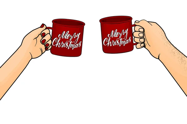 Κόκκινα Και Άσπρα Ποτήρια Καλά Χριστούγεννα Στα Χέρια Του Άνδρα — Διανυσματικό Αρχείο