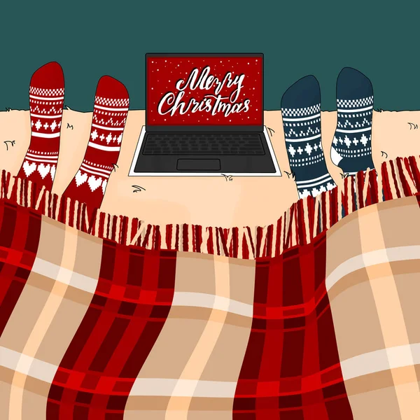 People Bed Plaid Knitted Socks Watching Film Merry Christmas — Διανυσματικό Αρχείο