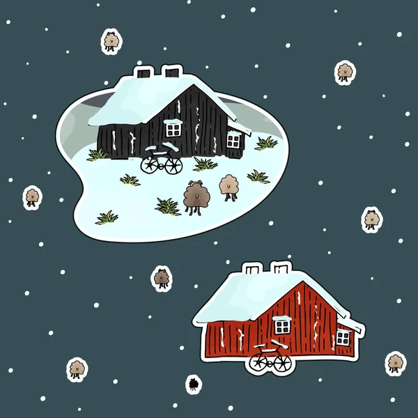 Ξύλινα Κόκκινα Μαύρα Χειροποίητα Σκανδιναβικά Σπίτια Ποδήλατα Πρόβατα Χιόνι Χειμώνα — Διανυσματικό Αρχείο