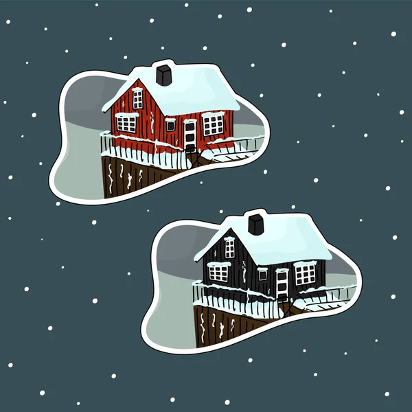 Casas Escandinavas Dibujadas Mano Madera Roja Negra Con Rocas Nieve — Vector de stock