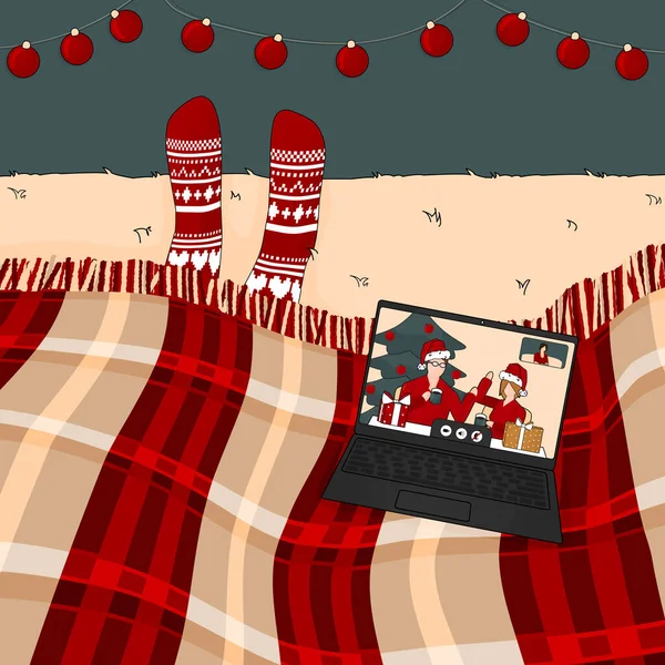 Video Call Family Friends Christmas Πρωτοχρονιά Άτομο Είναι Κάτω Από — Διανυσματικό Αρχείο