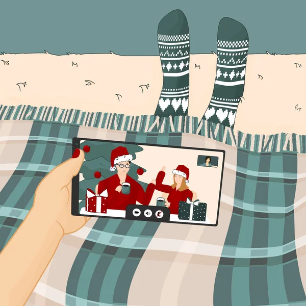 Мобільний Телефон Відео Дзвінок Родиною Або Друзями Різдво Нового Року — стоковий вектор