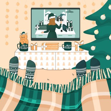 Two people are watching Christmas, New Year movies on the bed in knitted socks, under the plaid. Room is decorated in green, peach, white colours. Christmas tree in near the TV table clipart