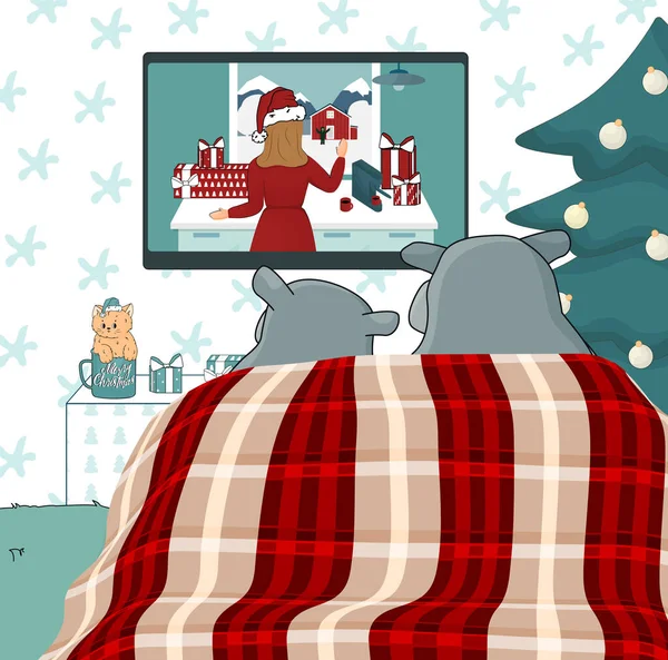 Χαριτωμένο Ζευγάρι Ιπποπόταμοι Παρακολουθούν Χριστουγεννιάτικη Ταινία Στην Τηλεόραση Στο Κρεβάτι — Διανυσματικό Αρχείο
