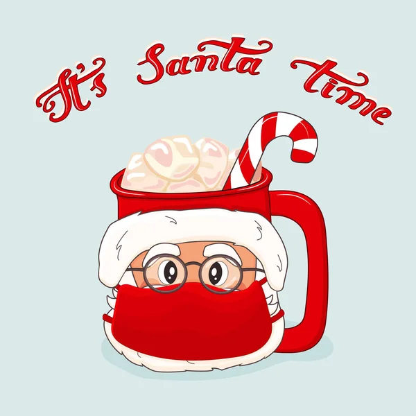 Mano Dibujado Santa Claus Está Taza Sombrero Santa Rojo Gafas — Vector de stock