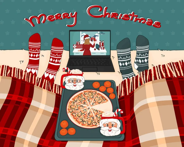 Pizza Tijd Met Mandarijnen Santa Cartoon Cups Met Lolly Marshmallows — Stockvector