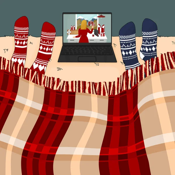 Two People Knitted Socks Watching Film Laptop Christmas Time — Stockvector