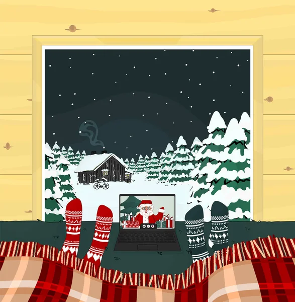 Video Call Santa Wooden House Big Window Christmas Time Two — Διανυσματικό Αρχείο