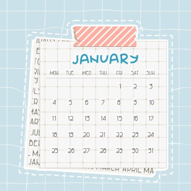 Ocak 2021 takvimi. Üzerinde noktalar olan mavi metin. Altta bir gazete parçası var, pembe şirin bir viski, üstünde çizgiler olan yapışkan bir bant.