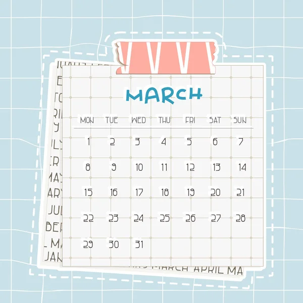 Marzec 2021 Miesiąc Kalendarz Niebieski Tekst Kwadratowym Papierze Kropkami Kawałek — Wektor stockowy