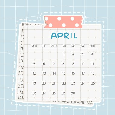 Nisan 2021 takvimi. Üzerinde noktalar olan mavi metin. Altta bir gazete parçası var, sevimli pembe bir viski, üzerinde çizgiler olan yapışkan bir bant.