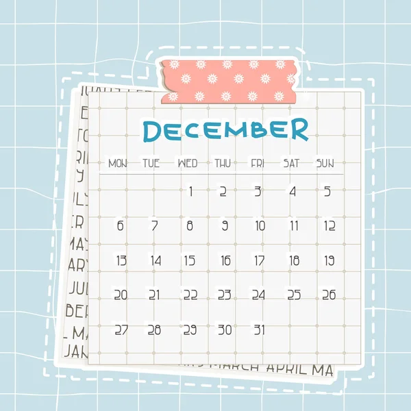 Aralık 2021 takvimi. Üzerinde noktalar olan mavi metin. Altta bir gazete parçası var, sevimli pembe bir viski, üzerinde çizgiler olan yapışkan bir bant.