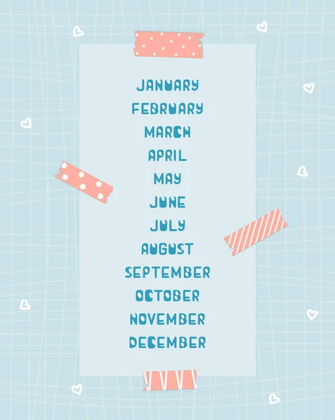 1月から12月の青い背景にピンクの和紙テープとカレンダーやプランナーのための線と心のパターン化された紙で青の白い月 — ストックベクタ