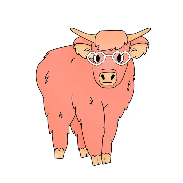 Pink Cute Happy Highland Cow Stands Looks White Heart Glasses — Stock Vector