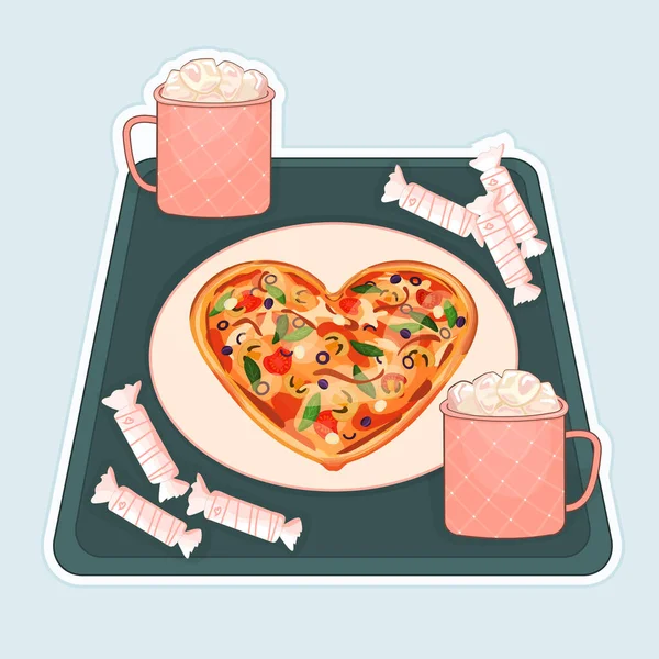 Καρδιά Σχήμα Πίτσα Καραμέλες Και Δύο Ροζ Σχέδια Φλιτζάνια Ζεστό — Διανυσματικό Αρχείο