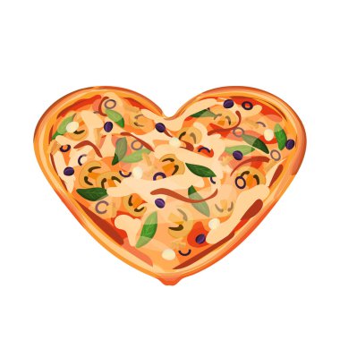 Fırından peynirli, mantarlı, tavuklu, doğranmış mor zeytinli, mozarellalı ve beyaz arka planda izole edilmiş yeşil yapraklı kalp şeklinde pizza.