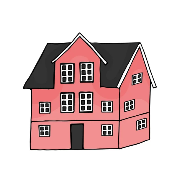 Cute Pink Hand Drawn House Isolated White Background Building Has — Stock Vector