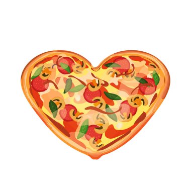 Salamlı sıcak pizza, mozzarella, mantar ve peynir. Hediye çanağı beyaz arka planda bir kalp şeklinde.