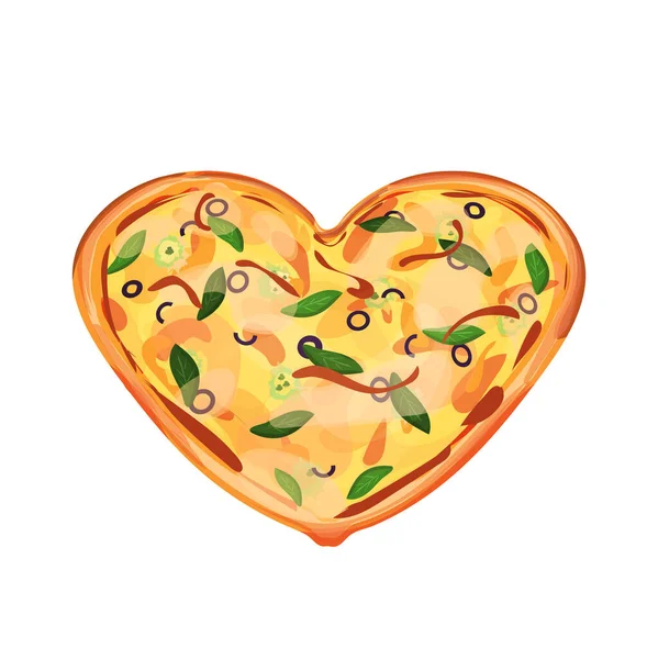 Świeżo Upieczona Pizza Kształcie Serca Różnymi Rodzajami Sera Oliwek Zielonych — Wektor stockowy