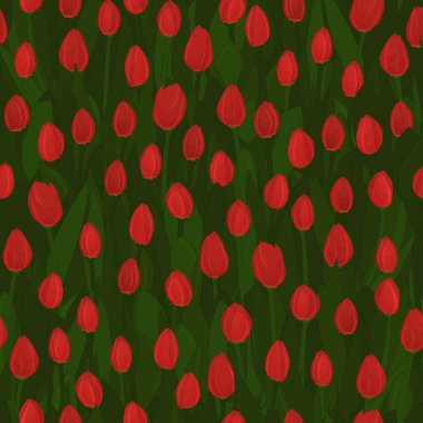 Kırmızı lalelerin parlak ve kusursuz tekrarı. Çiçekler yeşil arkaplanda.