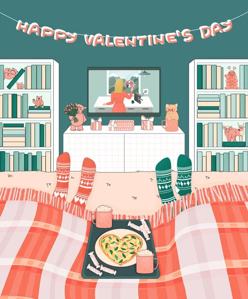 夫婦はベッドの上に横たわっており 自宅でバレンタインデーにテレビで映画を見ています ハートピザ キャンディー コーヒーはトレイにあります 部屋の側面におもちゃや本とキャビネット — ストックベクタ