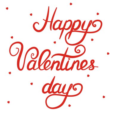 Kırmızı Mutlu Sevgililer Günü yazısı beyaz arkaplanda izole edilmiş. Küçük kalp şekilleri var.