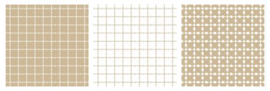 Üç tane bej ve beyaz geometrik desen. Soyut kareler ve boş daireler. Tüm hatlar bozulmuş.