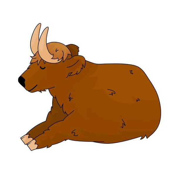 Brown Cartoon Highland Scottish Cow Lying Ground Eyes Closed Animal — Stock Vector