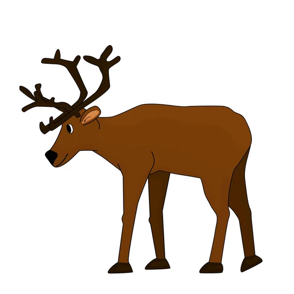 アントラーやカリブと茶色の漫画の手描きの漫画の鹿はどこかに行く予定です 動物は白い背景に隔離されている — ストックベクタ