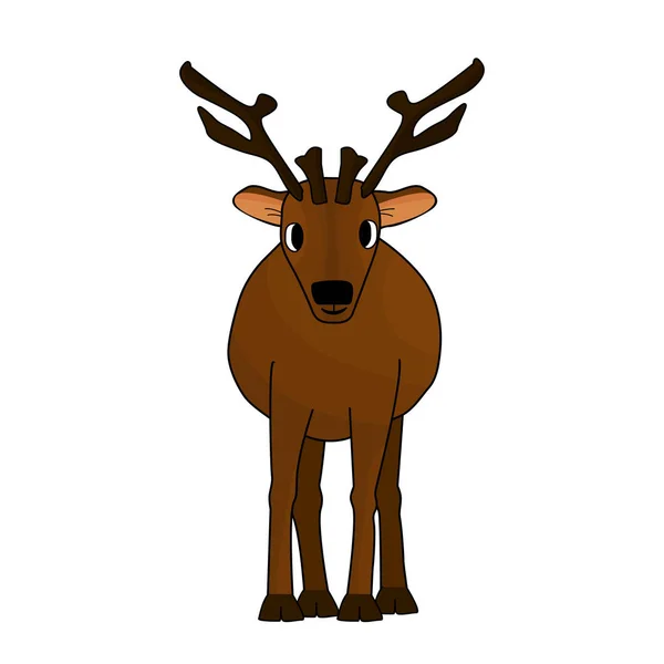 茶色の背景に触角やカリブと茶色の手描きの漫画の鹿 動物は白い背景に隔離されている 正面図 — ストックベクタ