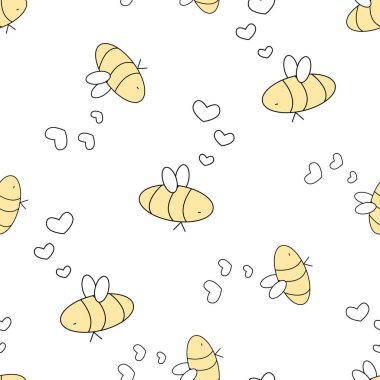 Sarı siyah, izole edilmiş şirin arılar aşıklar, kalpler kafalarının yanında belirli bir sırayla dizilmişler. Beyaz arkaplanda kusursuz tekrarlama deseni