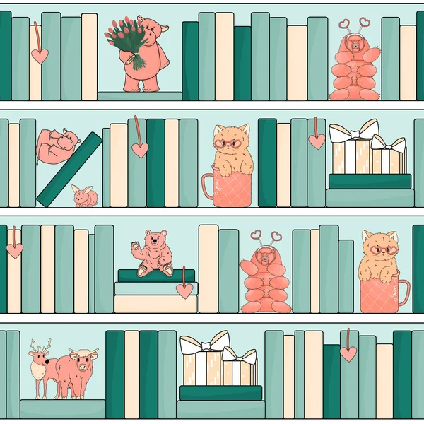 带粉色动物玩具的书柜的无缝图案 希波是在他的背上 另一个动物与郁金香 猫在杯子 高地奶牛 每个人都准备好参加情人节晚会了 — 图库矢量图片
