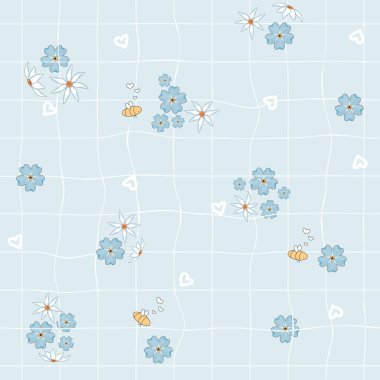 Nergisler, beyaz, sarı, mavi, unutma beni çiçekleri. Kare pürüzsüz pastel kağıdın pürüzsüz yinelemesi