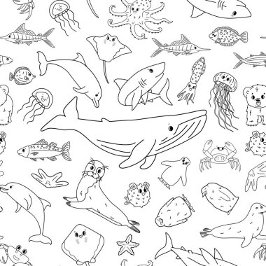 Karikatür hatlarının siyah, beyaz, pürüzsüz vektör deseni izole edilmiş deniz hayvanları. Balina, yunus, köpekbalığı, vatoz, denizanası, balık, yıldız, yengeç, kral penguen yavrusu, ahtapot, kürk foku, kutup ayısı