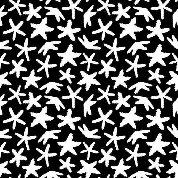 Kusursuz vektör ana hatları. Okyanus yıldızlarının ya da denizyıldızlarının çizgi film desenleri. Beş kollu, siyah beyaz renkli deniz omurgasızları. Tebeşir tahtası veya siluet monokrom etkisi