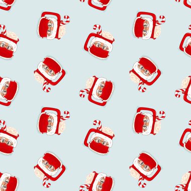Noel Baba kahve ya da kırmızı bayram koruma maskesiyle Noel Baba kahve ya da çikolata bardağının kusursuz desenleri. Virüs, şapka, gözlük, kırmızı beyaz lolipop, mavi arka planda şekerlemeler.