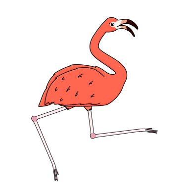 Beyaz arka planda izole edilmiş pembe şeftalili flamingo. Doodle hayvanı dans ediyor ya da zıplıyor, neşeli ruh hali, enerji dolu, gaga açık