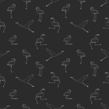 Flamingoların beyaz arka planda izole edilmiş hatları var. Doodle vektör hayvanları aktif dans uçuşu, sevinç, uyku, dinlenme, rahatlama, hayal, farklı pozlar, karatahta etkisi