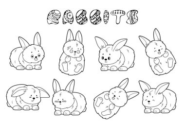 Black white vector Set of doodle outline rabbits with different emotions. Happy, unhappy, wondered, in love and sad bunnies. Illustration of animals and cartoon text for coloring book clipart