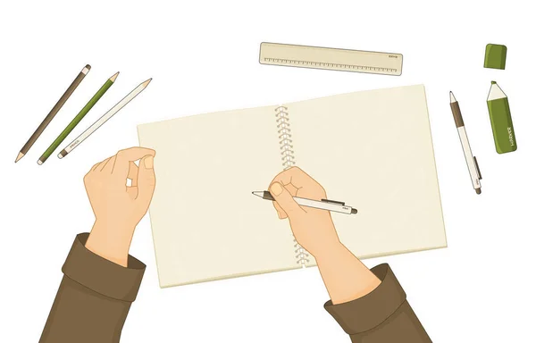 练习本或笔记本的摘要笔记 尺子都在桌子上 人类开始写东西 手就会显示出来 白笔在右手 元素是孤立的白色背景 — 图库矢量图片