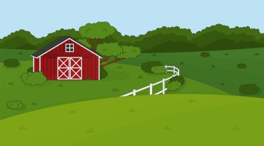 Cartoon doodle vector cute summer or spring farm in countryside. Red barn, white fence, green fields and trees, bushes and plants for animals life background, cards, postcards